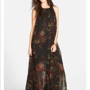 FREE PEOPLE "Juno" Black Floral Sleeveless Tassel Maxi Dress